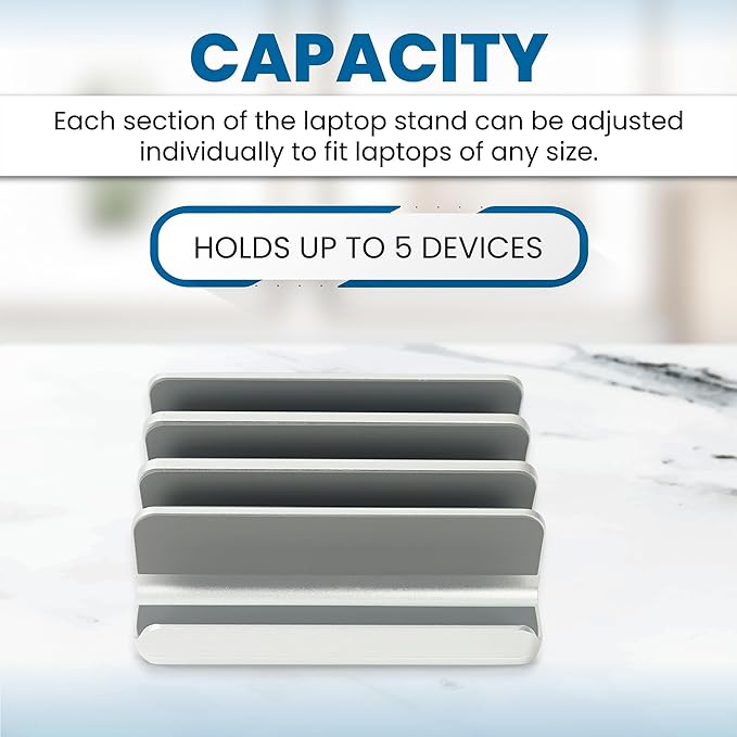 Elestoria 5- Slot Vertical Laptop Stand - Aluminum Laptop Stand Vertical for Desk - Fits MacBook Pro/Air, Surface, Mobiles & Gaming Laptops up to 17.3" - Heavy Duty Laptop Holder for Desk - (Silver)