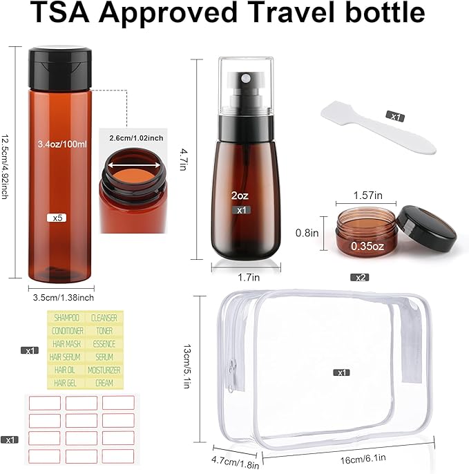 9 PCS 3.4oz Travel Bottles for Toiletries TSA Approved Travel Size Containers Leak Proof Plastic Squeeze Bottle Small Cream Jars & Refillable Spray Bottle for Shampoo Conditioner Toner(Brown)
