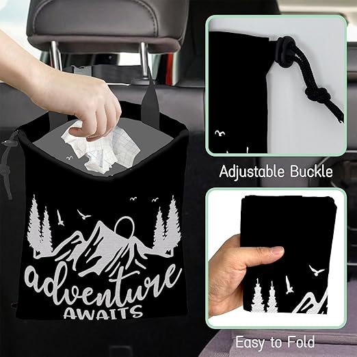 Adventure Awaits Car Garbage Bag,Nature Mountain Waterproof Small Car Trash Bag Hanging Back of Seat,Drawstring Hanging Car Trash Bag with Adjustable Buckle for Car Accessories