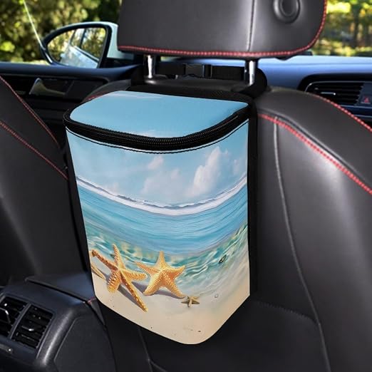 Biyejit Beach Starfish Car Trash Can with Lid, Cute Leakproof Car Trash Garbage Bag Hanging Vehicle Trash Bin Small Portable Automotive Garbage Cans Organizer for Back/Front Seat/Console
