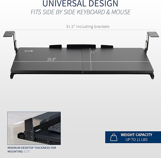 VIVO Large Height Adjustable Under Desk Keyboard Tray, 27 x 11 inch Slide-Out Platform Computer Drawer for Typing, Black, MOUNT-KB27HB