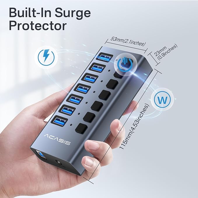 Powered USB 3.2 Hub, ACASIS 7 Ports USB 3.2 Hub with 10Gbps Data Speed, Aluminum Housing, USB Hub Powered with 24W Power Adapter, USB Hub for PC/Laptop, Computer, Flash Drive, Printer, Camera