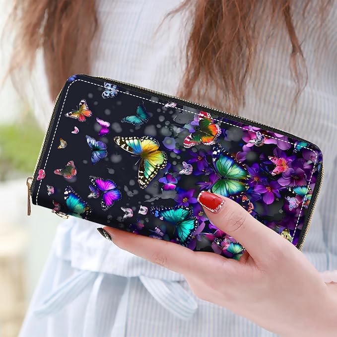 Women's Large Capacity Wallet PU Leather Zip Around Clutch Purse Multifunctional Wallet with Removable Wristlet Strap for Smart Phone/Coin/Card/Cash, Colorful Butterfly