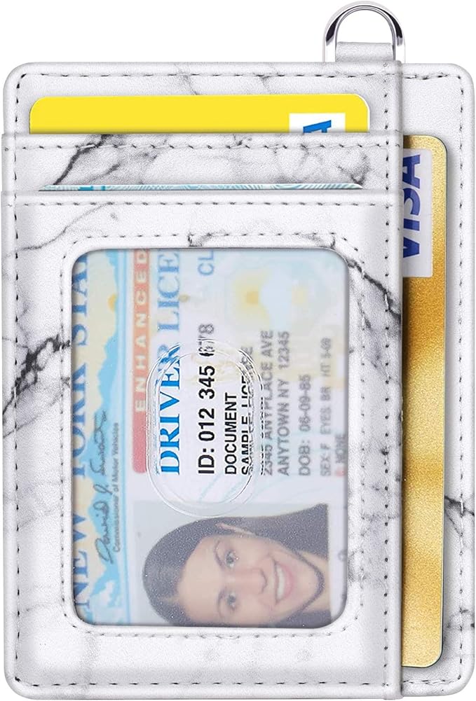 Coco Rossi Slim Front Pocket Wallet RFID Blocking Minimalist Credit Card Holder Wallet with D-Shackle for Women,White Marble