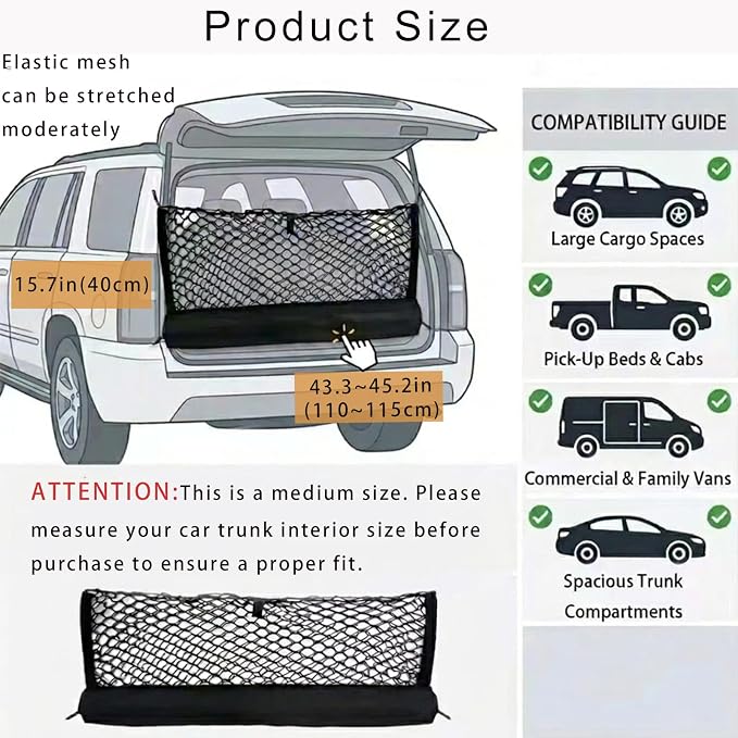 110x40CM Large Heavy-Duty Automotive Big Trunk Cargo Net | Elastic Trunk Storage Mesh Organizer Foldable Automotive Cargo Net Universal for SUV Truck Van Sedan