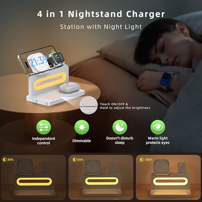3 in 1 Wireless Charging Station for Apple MagSafe Charger,Magnetic Wireless Charger Stand for iPhone 16 15 14 13 12,Foldable Nightstand Charging Dock for Apple Devices iWatch,AirPods with Night Light