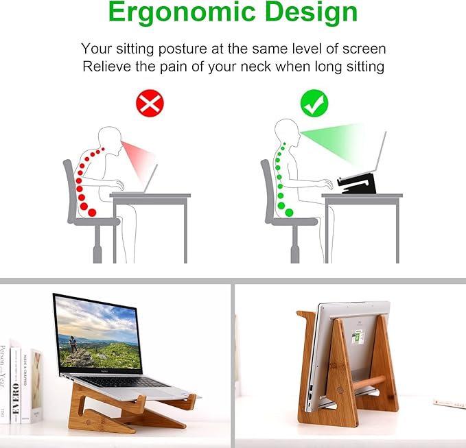 Wooden Vertical Laptop Stand for Desk, Bamboo Laptop Holder Compatible with MacBook Air Pro/Dell XPS/Surface Pro/HP/Pixelbook/Lenovo, More 13-15.6 Inch Laptops