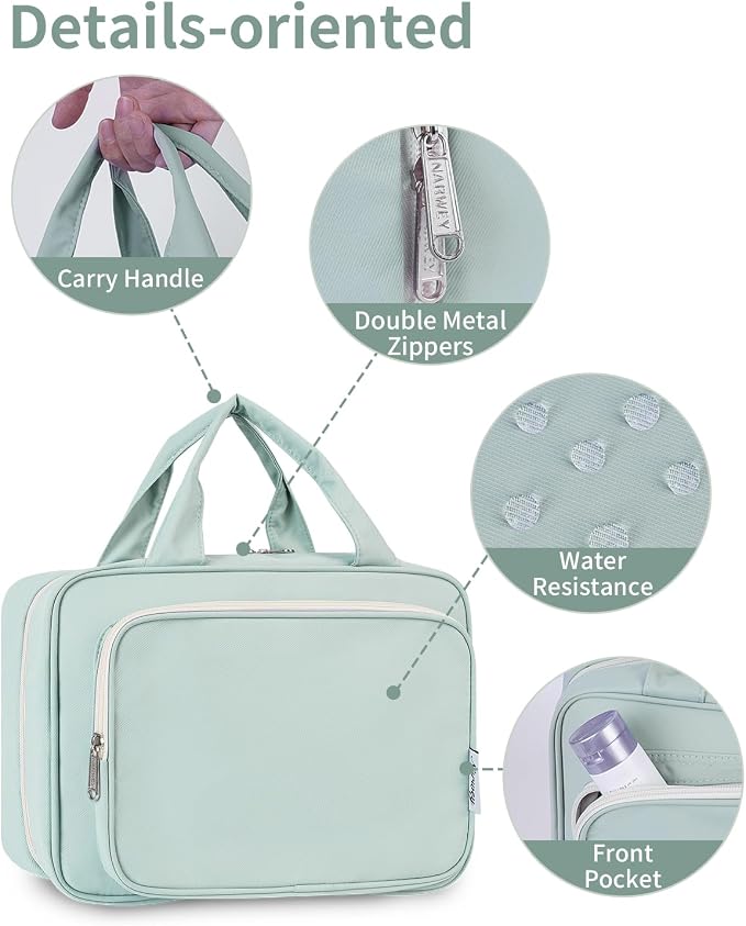 Narwey Travel Toiletry Bag for Women Large Hanging Makeup Bag Organizer Toiletries Bag for Full Size Essentials Accessories Cosmetics (Mint Green (Large))