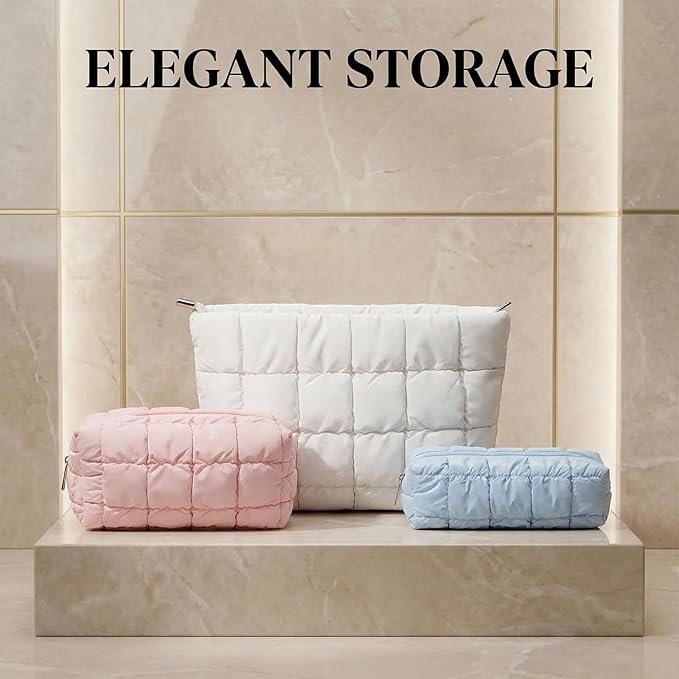 3Pcs Puffer Quilted Makeup Bag Travel Cosmetic Bag Set Portable Puffy Checkered Toiletry Pouch Skincare Organizer Purse Pencil Case (Pink)