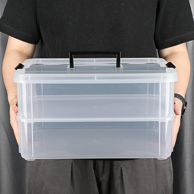 JUXYES 2-Tiers Stack Carry Storage Box With Handle, Transparent Stackable Storage Bin With Handle Lid Latching Storage Container for School & Office Supplies