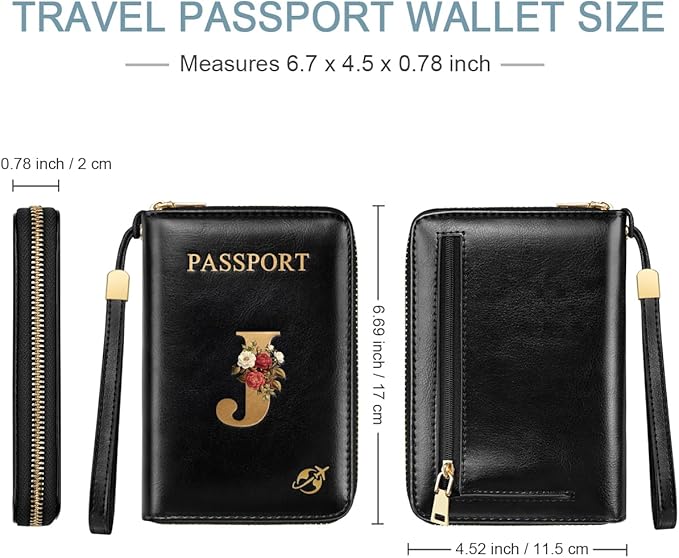 Passport Holder Cover Wallet with Zipper Personalized Initial Letter J Rose Flower RFID Blocking Travel Wallets Credit Cards Holder for Women, Gift for Wife and Girlfriend,J