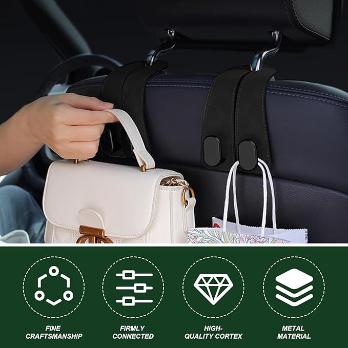 4 Pack Leather Seat Back Hooks - Heavy Duty Double Hooks for Purses, Grocery Bags, Umbrellas & Mask, Car Organizer Accessories (4)