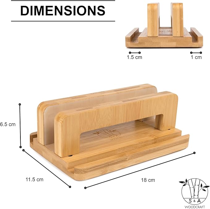 S&A WOODCRAFT 3 Slots Bamboo Wood Vertical Laptop Stand, Adjustable Wooden Laptop Holder, Non-Slip Laptop Dock Compatible with Apple MacBook, Microsoft Surface, Gaming Laptops, IPad, Tablets