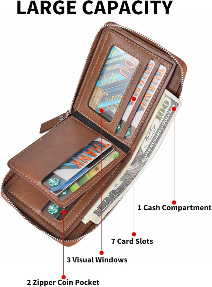 Zipper Wallet for Men Leather Bifold Pocket Wallets RFID Blocking Zip Coin Credit Card Wallets -Big Capacity For Travel