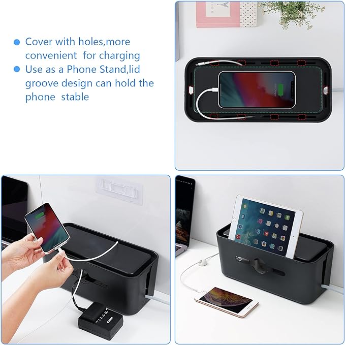Cable Management Box,Cord Organizer Box for Desk Floor Cable Hide,Cable Box Organizer to Cover The Power Strip Cord Wires for Home Office,Black