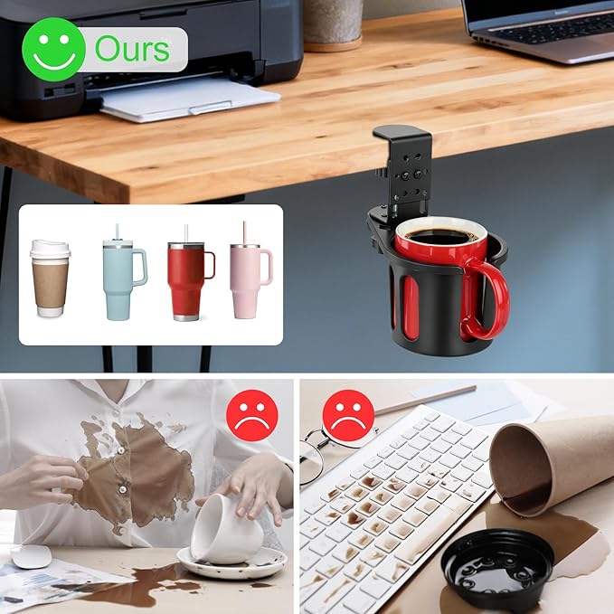 MYITYARD Desk Cup Holder Clamp, Clip On Table Cup Holder, Rotatable Water Bottle Stand Drink Coffee Mug Storage, Office Accessories for Home and School