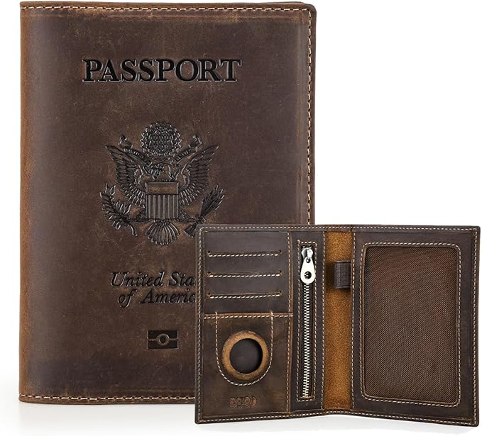 CONTACTS Full Grain Leather Passport Holder RFID Blocking Travel Passport Wallet Compatible with Airtag Passport Cover Case with 4 Card Slots, Coin Pocket with Badge