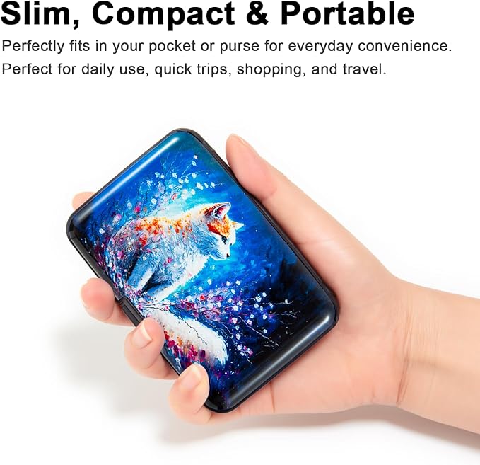 Credit Card Holder for Women Men RFID Blocking Wallet Small Business Metal Slim Mini Aluminum Hard Case (Cat Painting)