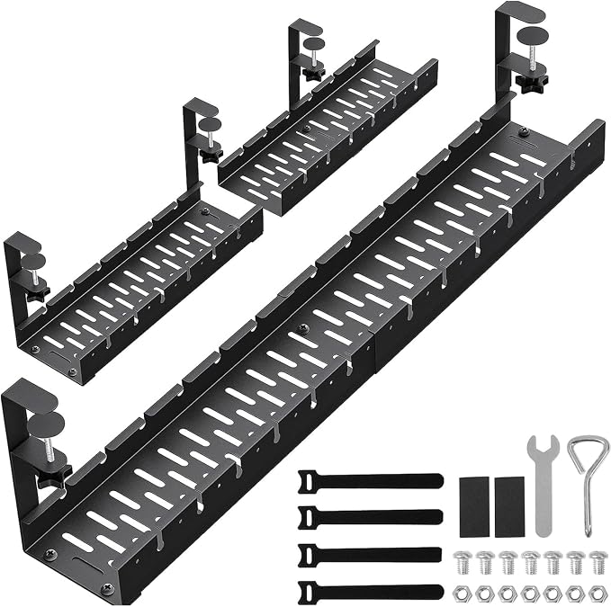 31Inch Extendable Under Desk Cable Management Tray, Black Metal Cable Management Tray Under Desk Cord Management with Clamp, 31 Inch x 4.33 Inch