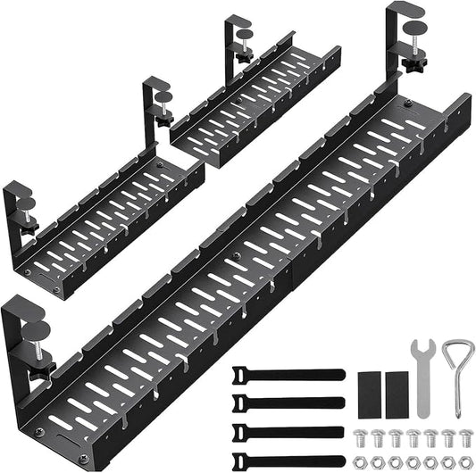 31Inch Extendable Under Desk Cable Management Tray, Black Metal Cable Management Tray Under Desk Cord Management with Clamp, 31 Inch x 4.33 Inch