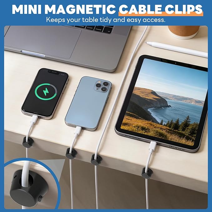 12 Pack Mini Magnetic Cable Organizer Clips, Znben Cord Holder Self Adhesive Cable Management for Desk, Nightstand, Home Office Accessories Black