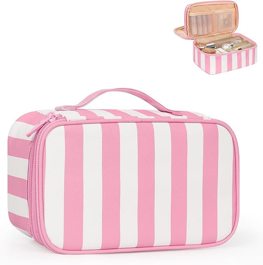 Relavel Travel Makeup Bag, Small Floral Cosmetic Bag with Makeup Brush Compartment, Portable Makeup Pouch for Women, Double Layer Makeup Organizer Bag Cute Toiletry Bag, Wide Strip