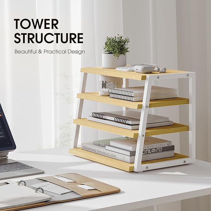 Fenge Dual Monitor Riser with Drawer & 4 Tier Desktop Organizer, Oak