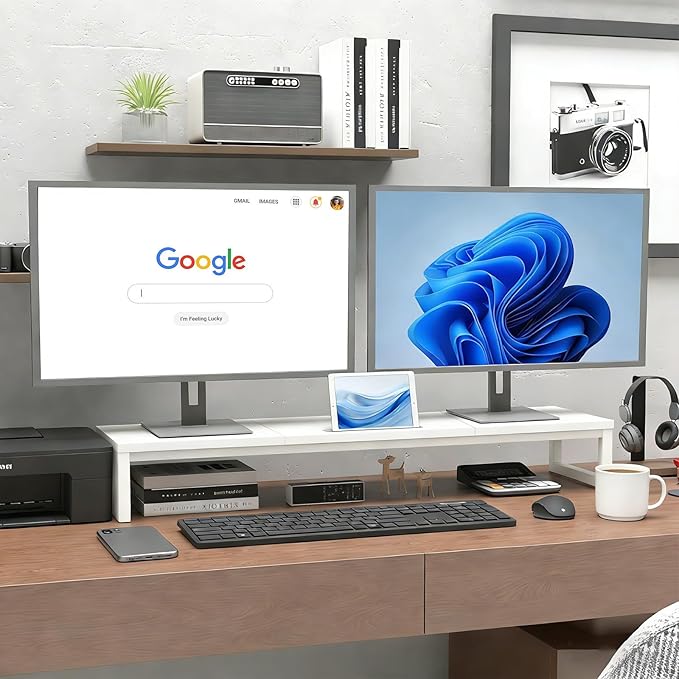 Dual Monitor Stand Riser, 38.7'' Long Wood and Steel Monitor Stand for 2 Monitors, Ergonomic Desktop Organizer with Tablet Stand for Computer,Laptop,TV (White)