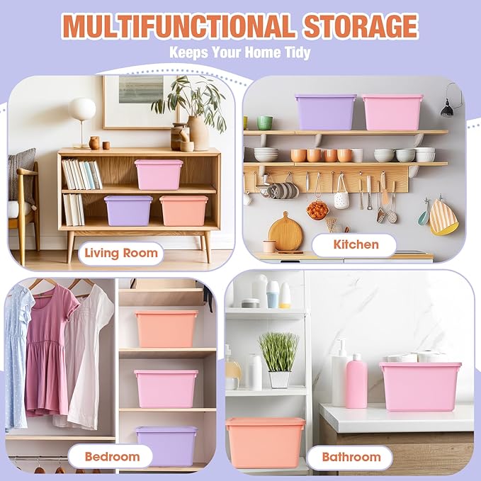 Potchen 6 Pack Cute Plastic Storage Bins with Lids Decorative Stackable Storage Boxes 9.8" ×7.3" ×5.7" Small Storing Totes for Organizing Craft Office Supplies (Pink,Purple,Orange)
