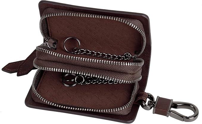 VISOUL Car Key Case Holder Double Zipper, Leather Car Smart Key Fob Case with Keychain for Men and Women