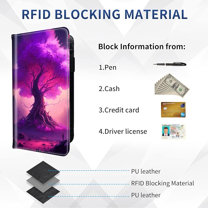 Checkbook Cover - Premium Leather Standard Duplicate Register Check Card Book Holder Wallet with RFID Blocking Function for Girl Men Women,Purple Tree in Forest