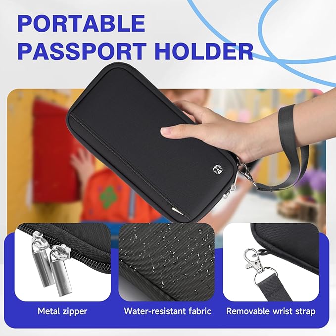WALNEW Passport Holder Travel Family for 10, RFID-Blocking Wallet and Document Organizer Passports with Zipper, for Cards, Boarding Passes, Money, Tickets, Travel Essentials, Black