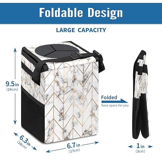 Geometric Line Arrow Pattern Auto Garbage Can with Lid, Leak-Proof Car Storage Bag, Hanging for Headrest, Collapsible and Portable, Mesh Pocket