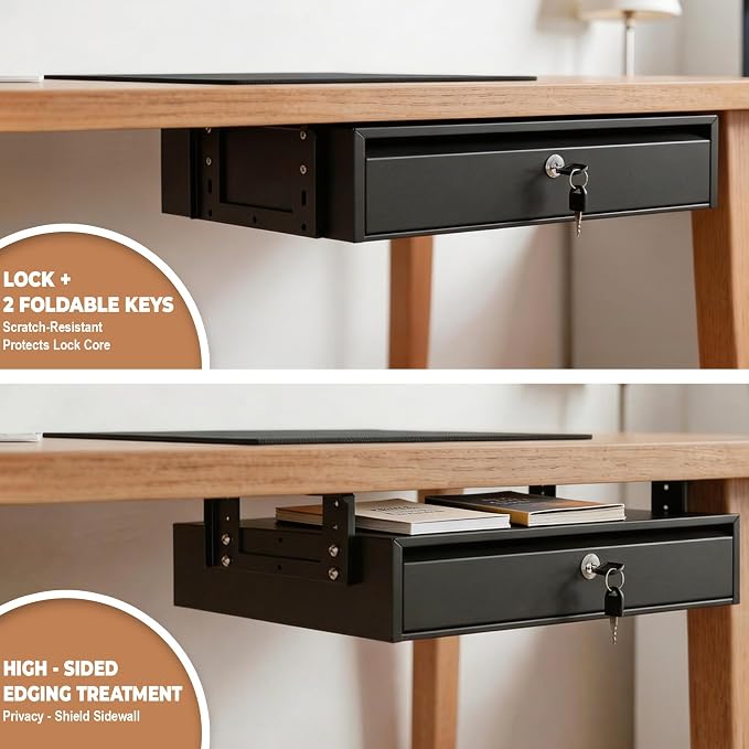 POPMOON 18in Under Desk Drawer with Lock Large Pull Out Storage Organizer | Large 18in under desk drawer with lock,smooth slide rails,adjustable mounting height, supports up to 33 lb