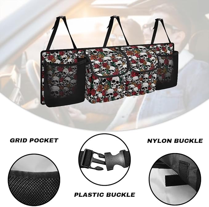 Skull Rose Car Trunk Organizer, Backseat Hanging Large Storage with 4 Pocket & 3 Adjustable Straps Provides More Space for Groceries for SUV, Truck, MPV,Van