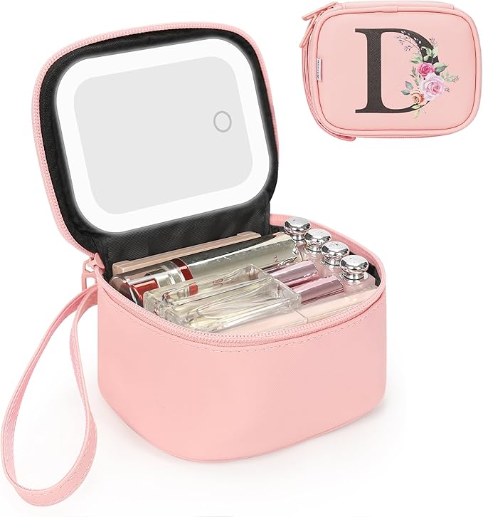 Relavel Initial Makeup Bag with Led Mirror, Mini Cosmetic Bag, Preppy Birthday Gifts for Kids Teen Girls, Portable Make Up Bag with 3 Light Modes, Personalized Makeup Pouch - Pink D