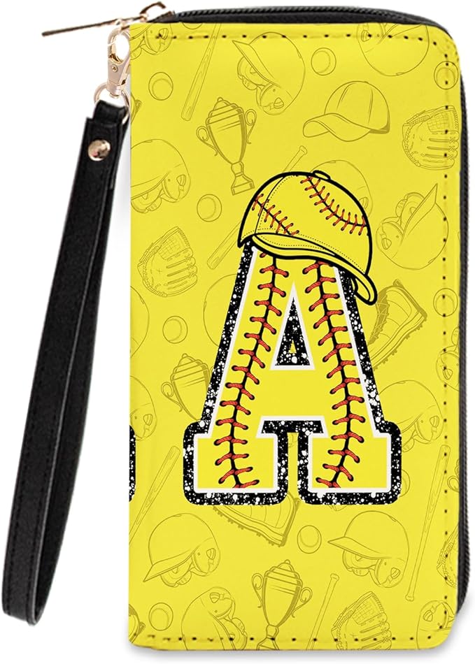 Softball Lovers Gift Womens Wallet - Small Slim PU Leather Letter A Wallet for Women with Zipper Purse, Credit Card Holder Wallets, Wristlet Wallets for Girls Women Player Coach (Letter A Gifts)