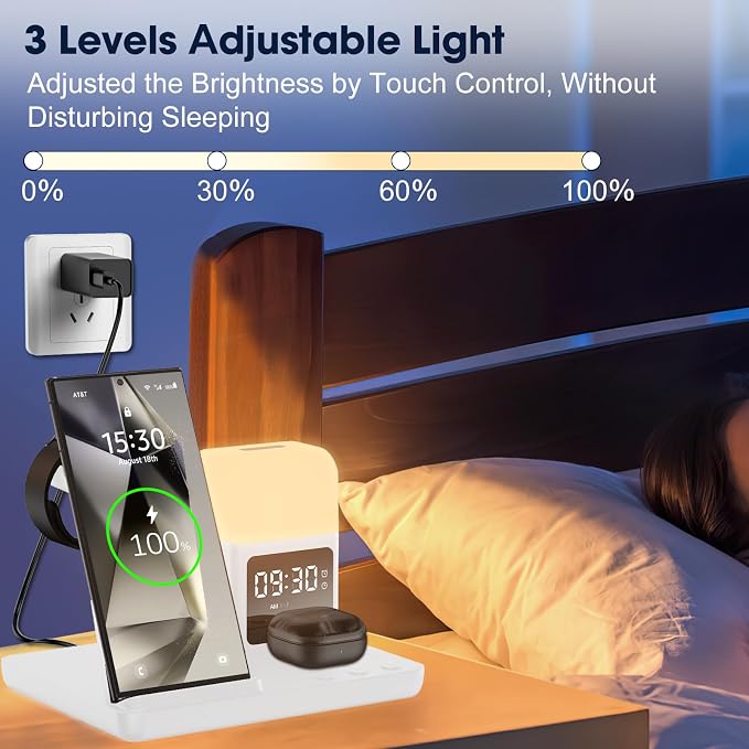 Wireless Charger for Samsung/Android, 6 in 1 Phone Nightstand Charging Station Charger with Alarm Clock/Night Light for Samsung S26/S25/S24 Ultra/Buds4,Watch Charger for Galaxy Watch 8/7/6/5