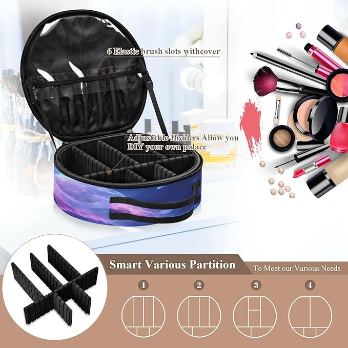 senya Round Cosmetic Pouch Travel Makeup Train Case Starry Sky Makeup Organizer Bag with Adjustable Dividers Portable for Cosmetics Makeup Brushes Toiletry Jewelry Accessories
