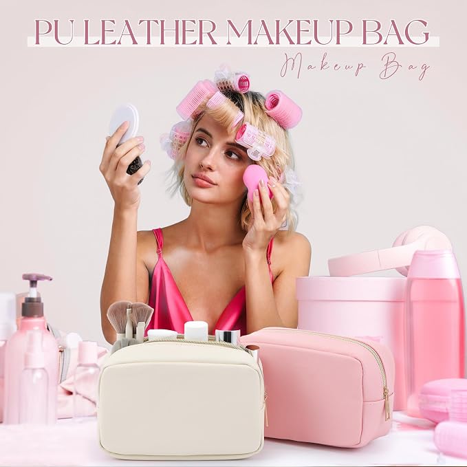 Sweetude 10 Pcs Makeup Bag Bulk for Women Preppy Gift PU Leather Cosmetic Bag Small Skincare Toiletry Pouch Wedding Travel Cosmetic Pouch for Bridesmaid Bride Mother Gift Favors (Pink)