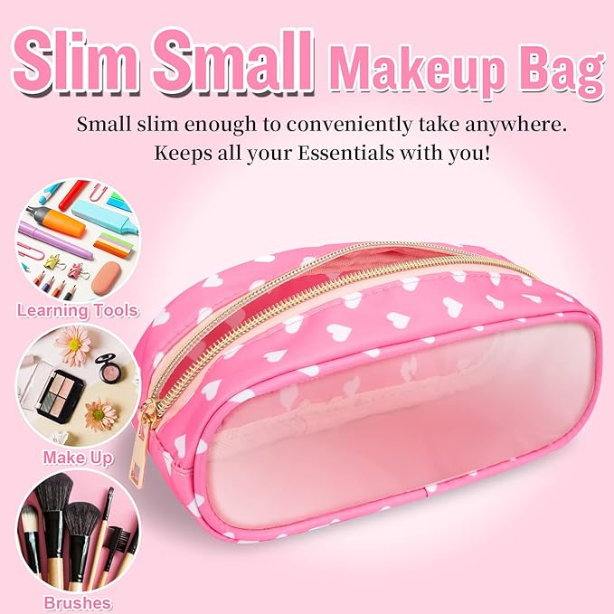 Nylon Small Clear Makeup Bag Slim Pencil Pouch, Cute Pencil Case Makeup Bag Preppy Cosmetic Zipper Pouch for Purse,Travel PVC Toiletry Bag Clutch Coin Pouch Makeup Organizer for Women Girl(Pink Heart)