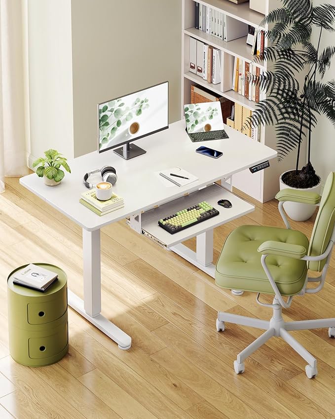 Casaottima Electric Standing Desk with Keyboard Tray, 40 Inch Height Adjustable Small Table, Sit Stand Table, Writing Computer Desk for Home, Office, Workstation, White