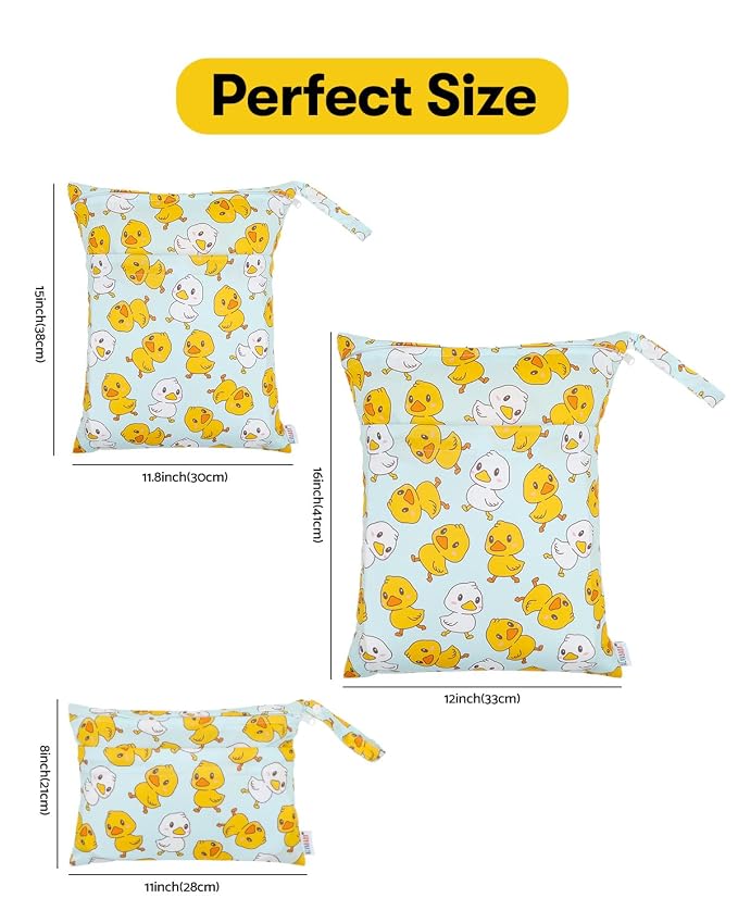 ALVABABY 3 pcs Cloth Diaper Wet Dry Bags Waterproof Reusable with Two Zippered Pockets Travel Beach Pool Daycare Soiled Baby Items Yoga Gym Bag for Swimsuits or Wet Clothes Small Medium Large 3L-SML20