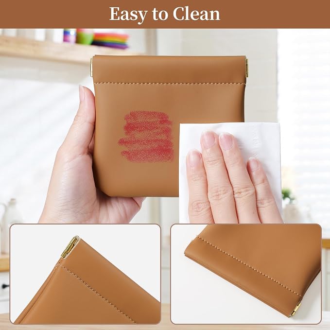 2 Pack Small Makeup Bag for Women, New Organosilicon Super Fiber PU Leather Mini Cosmetic Bag for Travel, Coin Purse Organizer Storage Pouch (Brown)