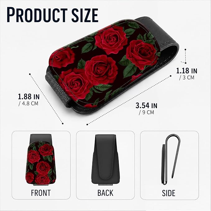 Leather Magnetic Sunglass Holder for Car Sun Visor, Cute Eyeglass Ticket Card Hanger Clip, Universal Auto Interior Accessories for SUV Pickup Truck, Red Rose