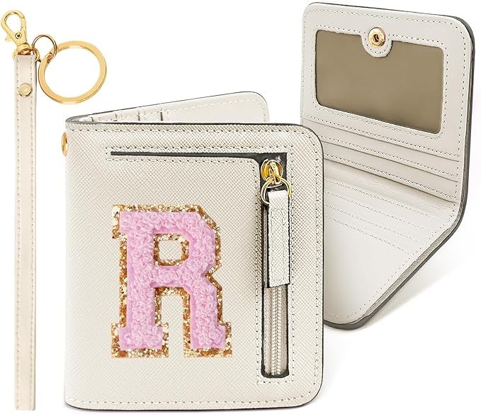 COSHAYSOO Preppy Wallet Gifts for Teen Girls Women Small Wallet RFID Bifold PU Leather Christmas Valentines Easter Mothers Fathers Day Nurse Appreciation Graduation Gifts Chenille Letter R Cream