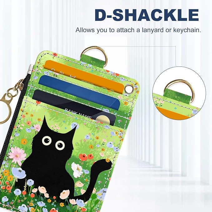 Slim Wallet Credit Card Holder, Cat on the Green Grass, RFID Wallet Women Cute Small Front Pocket Wallet With Zipper, PU Leather Thin travel RFID Blocking Card Case ID Window,Ladies Gifts
