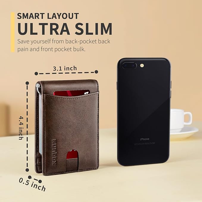 RUNBOX Slim Wallet for Men Genuine Leather RFID Blocking Bifold Minimalist Front Pocket Mens Wallet with Money Clip Thin Gift Box
