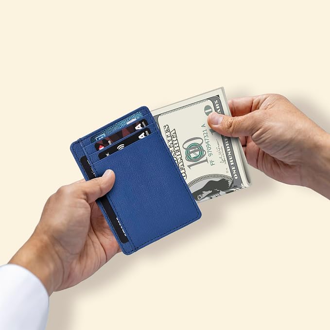 Real Leather Slim Minimalist Wallet for Men and Women -RFID Blocking Front Pocket Thin Credit Card Holder Stylish Wallets (Royal Blue)