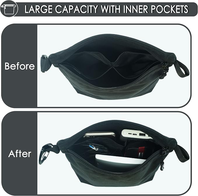 YUMQUA Small Pouch for Travel Essentials, Makeup Pouch Bag with Carabiner Clip on Backpack Dopp Kit Storage Organization for Toiletries, Cosmetics, Tech, Tools, Water Resistant 500D Nylon (Black)